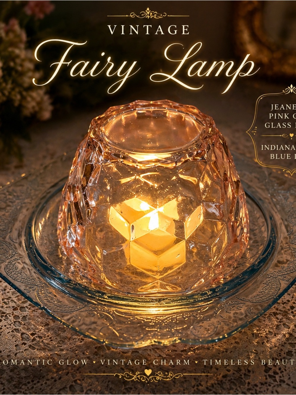 Vintage Pink Cube Glass Fairy Lamp Blue Indiana Base Cottagecore Glow